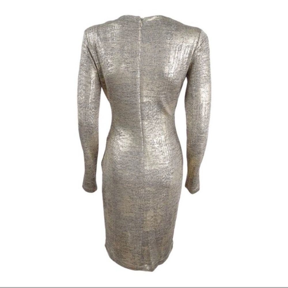 NWOT Calvin Klein Metallic Long Sleeve Faux Wrap Sheath Dress - Size 4, Gold - Picture 3 of 9